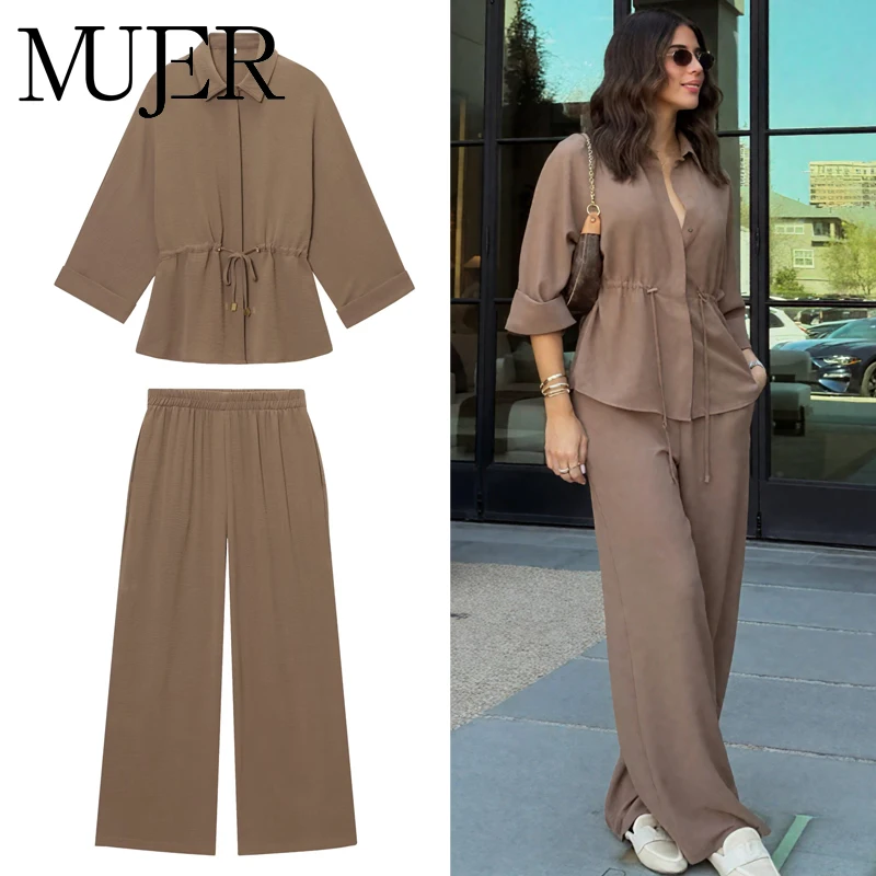 MUJER 2025 Damen-Hosen-Sets, hohe Taille, Baggy-Hosen-Sets für Frauen, 2-teilig, Sommer, lässiges Damen-Outfit, Langarm-Shirts für Damen
