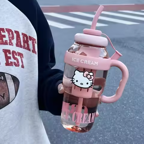 Miniso Hello Kitty 1300Ml Large Capacity Straw Cup Cartoon Ice Cup with Straw Kawaii Portable Water Cup for Couples Child Gifts