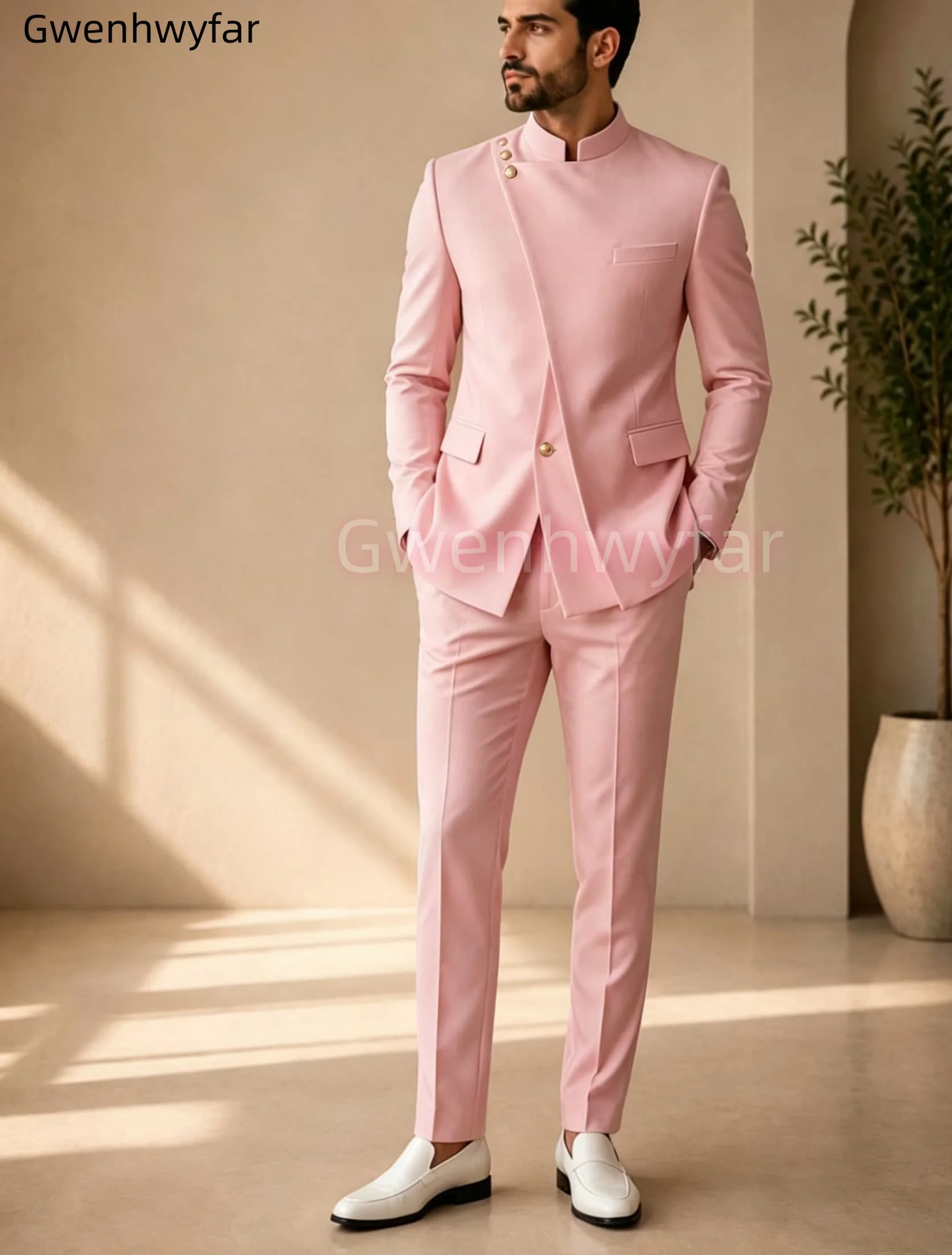 Gwenhwyar Neuankömmling Hellgraue Freizeitjacke mit Hose, formeller Business-Büroanzug für Herren, Bräutigam, Hochzeit, Party, Blazer, Hose – Detail 14