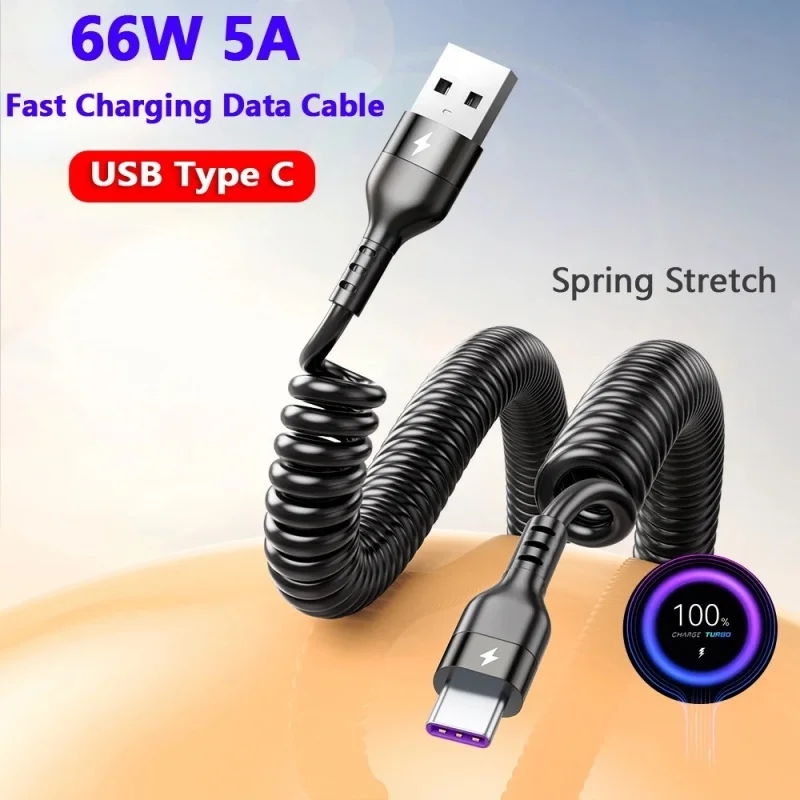 66W 5A USB Type C Cable Spring Fast Charging Car Charge Cable for Xiaomi Redmi POCO Huawei Honor OPPO Phone USB C Charger Cord