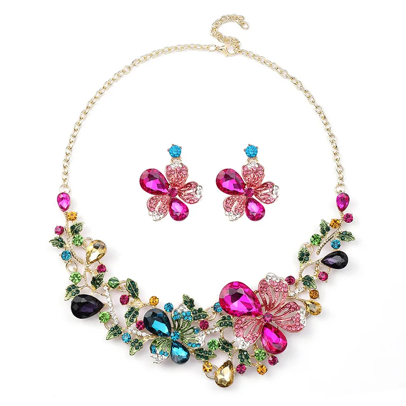 Multicolored Flower Necklace Set Female Gorgeous Bride Necklace Painting Oil Gems.