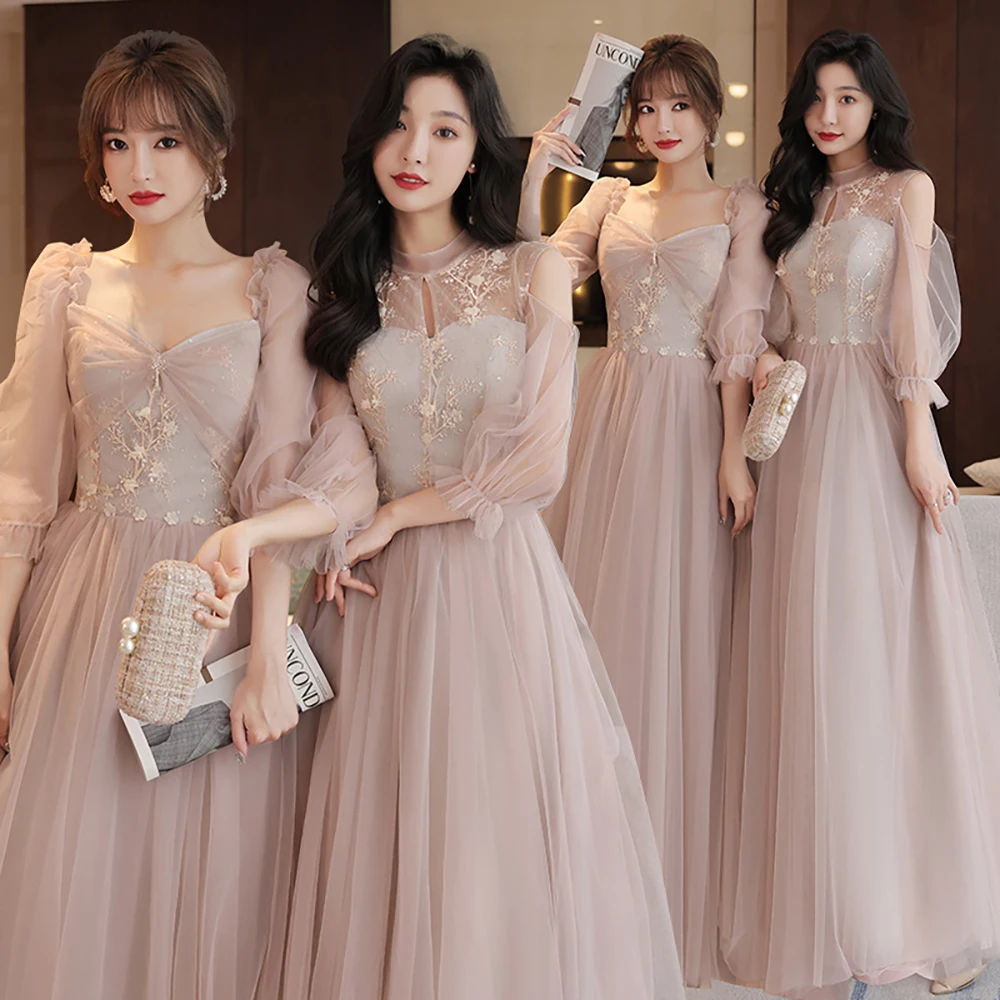 Pink Bridesmaid Dress Women Fairy Tulle Temperament Long Slim Dresses Wedding Banquet Sisters Group Half Sleeve Dress Party Wear