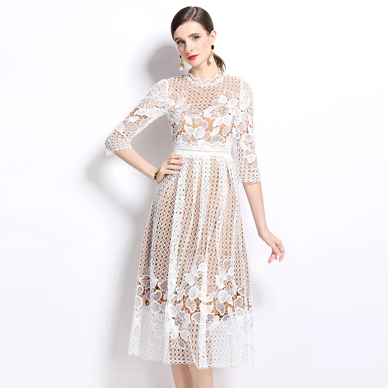 Autumn New Fashion Luxury Women Dress Elegant Slim O-Neck 2/3 Sleeved Hollow Out Lace Dress Vintage Party Dresses