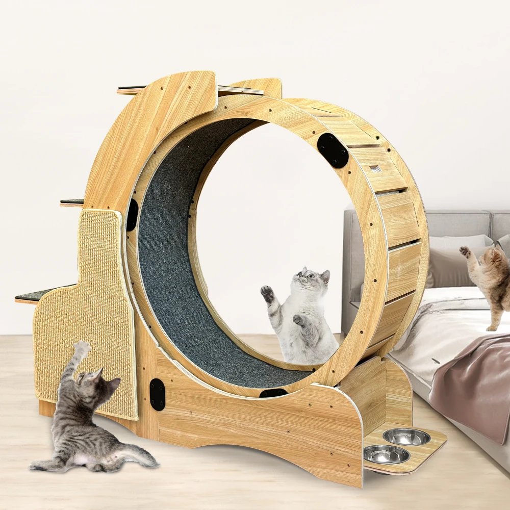 5-in-1 Cat Sports Running Wheel, Cats Wheel Wood Climbing Frame, Cat Litter Fitness Wheel, Oversized Roller Cat Indoor Activity