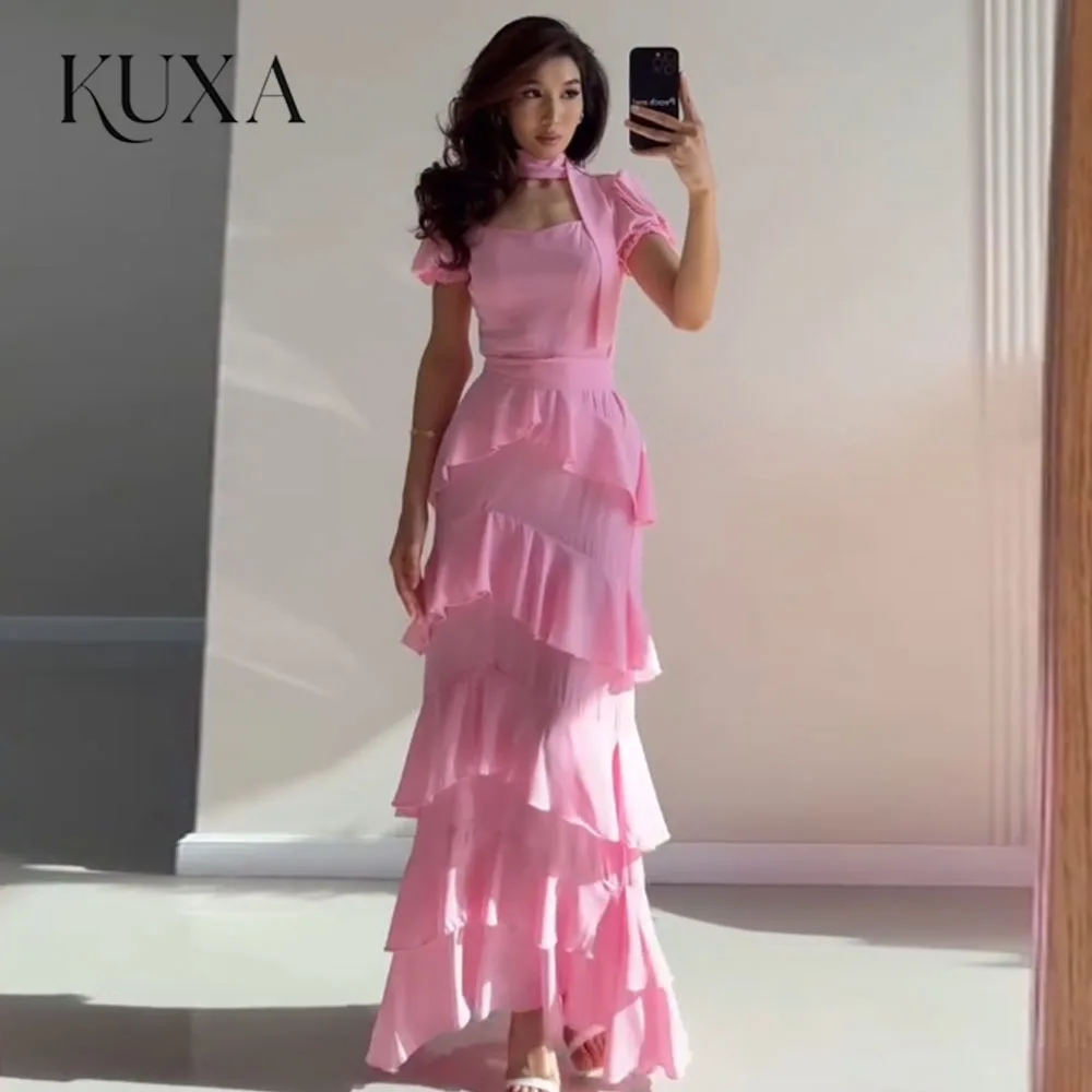 KUXA Customized Square Collar A-Line Pink Evening Dresses Multi-layered Princess Party Prom Dresses robes de soirée 2026
