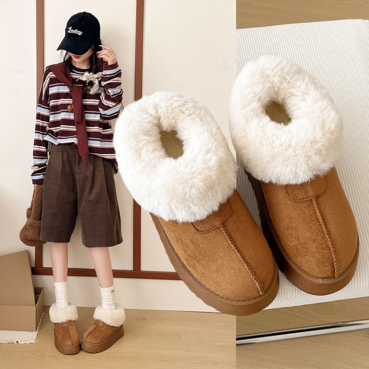 Women Winter Thick Sole Height Increasing Fleece Lined Warm Snow Boots Thick Plush Platform Versatile Daily Cotton Ankle Boots