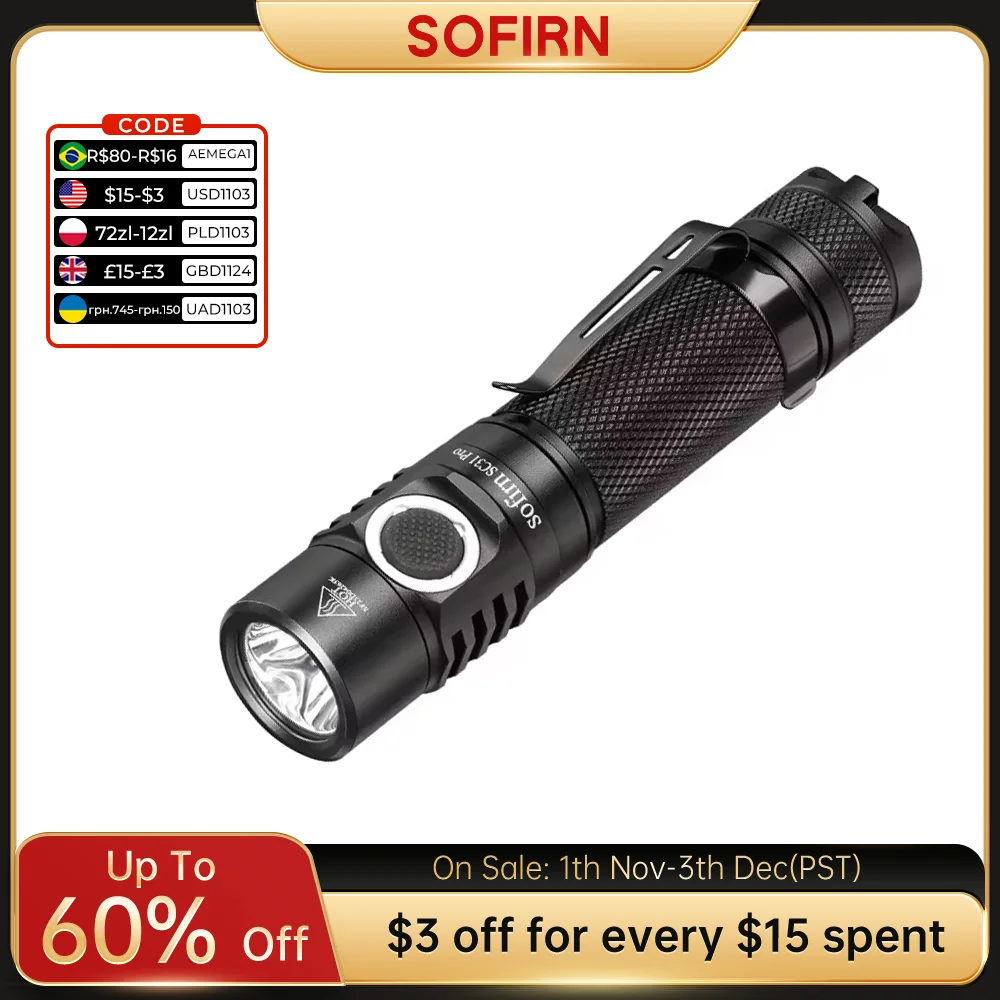 Sofirn SC31 Pro 6500K SST40 2000LM Anduril 2.0 Powerful 18650 Flashlight  5V/2A Portable Rechargeable LED Lantern USB C Torch