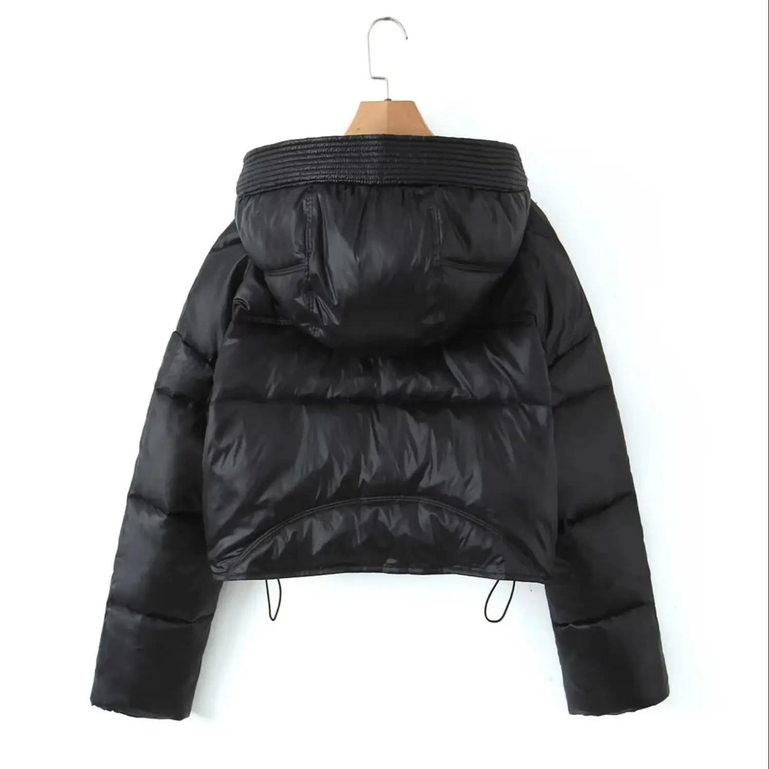 Black White Winter Open Zipper Crop Hooded Bread Parka Coat Women Elastic Drawstring Quilted Stay Warm Loose Short Outerwear