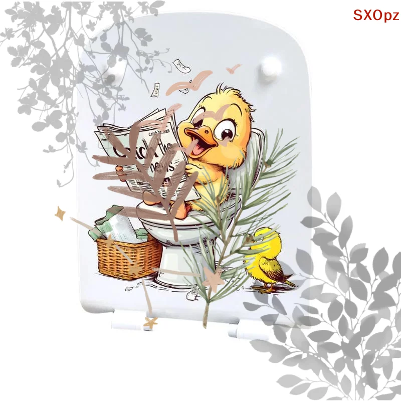Funny Yellow Duck Reading Newspaper: Toilet Lid Decal Sticker Wallpapers Bathroom Decor Self-Adhesive