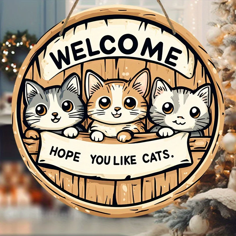 Collectible Figurines ，2D Flat, Charming Cat Welcome Sign - Rustic Wooden Round Wall Decor with Adorable Kittens, 