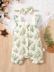 Eid Al-Adha Newborn0-18m GirlsBaby Square Collar Temperament Jumpsuit FlySleeve Light Green Plant Print Center Cardigan Jumpsuit