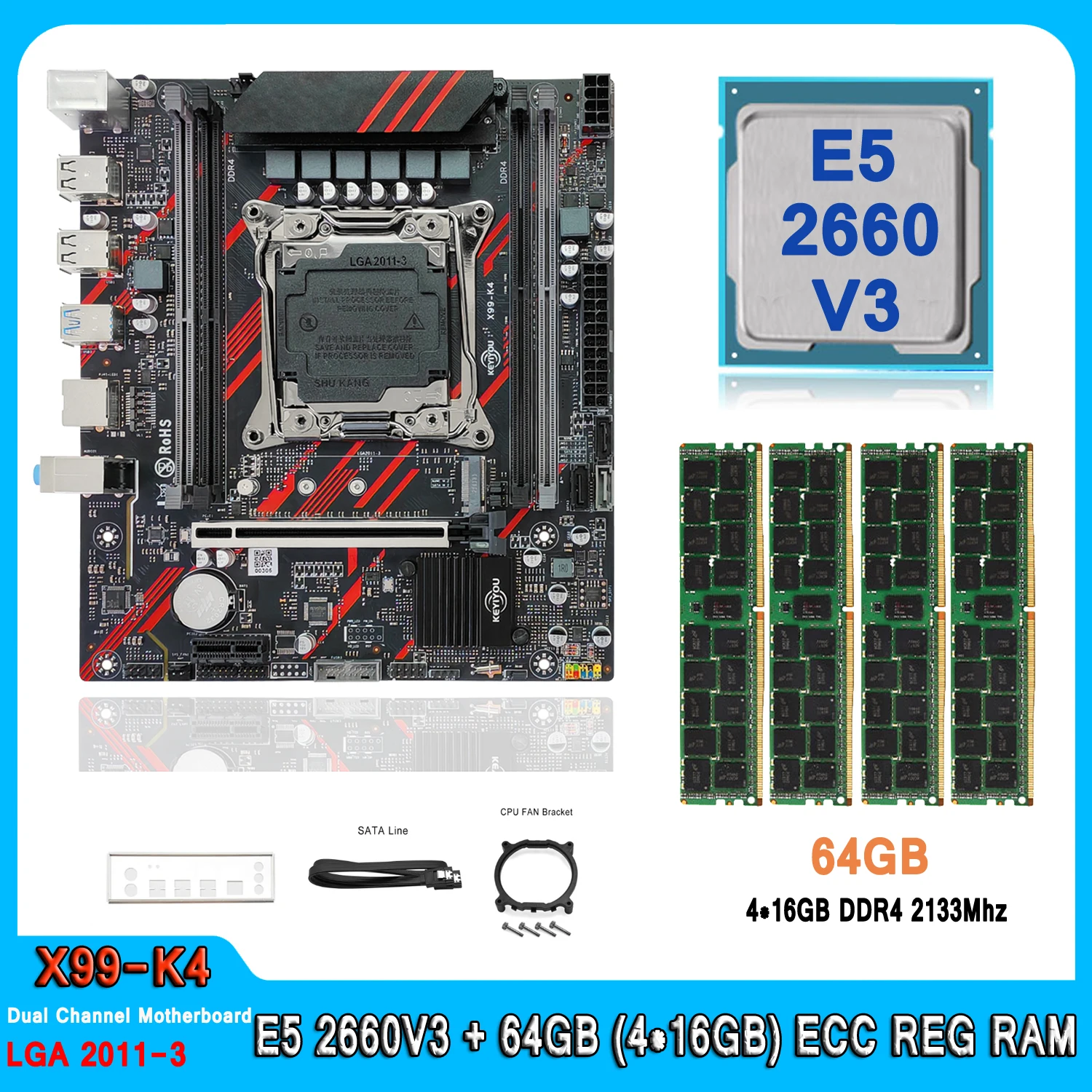 

X99 Dual Channels Motherboard Set LGA 2011 V3 Kit Xeon with E5 2660V3 CPU 64GB(4*16GB) DDR4 2133MHz RAM E5 2660 V3 Motherboard