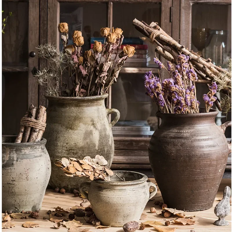 Macetas de cerámica antiguas desgastadas, jarrones de arcilla rústica para decoración de balcón, adornos prácticos de escritorio de oficina, atemporales