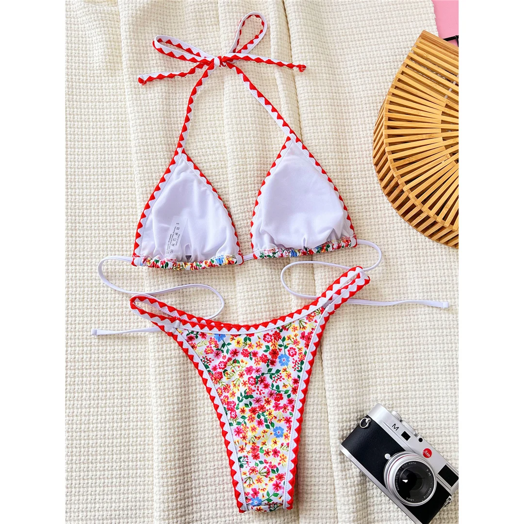 Sexy, mit Blumenmuster bedruckter Bikini mit Neckholder, Damen-Badeanzug, zweiteiliges Bikini-Set, brasilianischer Badeanzug, Badebekleidung, Modell V5521. – Detail 9