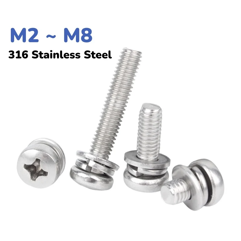 316 Stainless Steel Cross Round Pan Head Bolt M2 M2.5 M3 M4 M5 M6 M8 Flat Washer Spring Gasket Assemble Screw Length 5~50mm