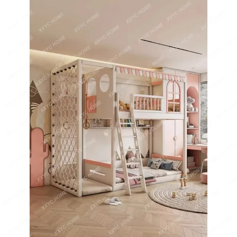 Double Layer Solid Wood and Thickened Height-Adjustable Bed Pink Bunk Bed with Slide Combined Bed