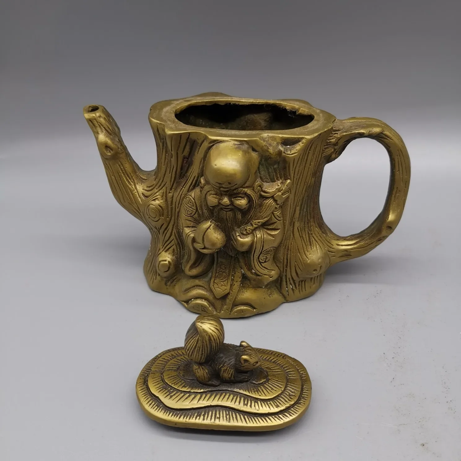 Chinese Antique Collection Brass Longevity Immortal Teapot