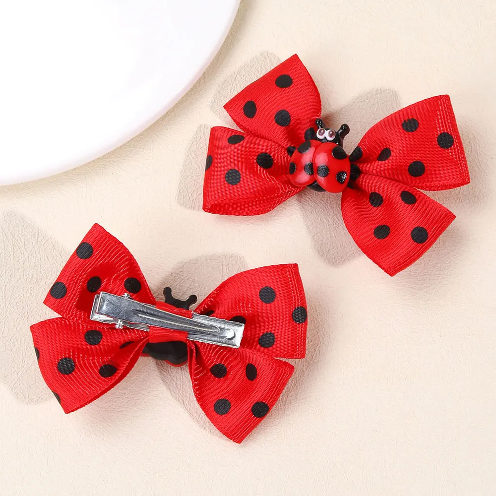 2PCS Cartoon Ladybug Ribbon Bows Hair Clip Kids Hair Pin Headwear Cute Black Dot Print Barrettes Girls Hair Accessories