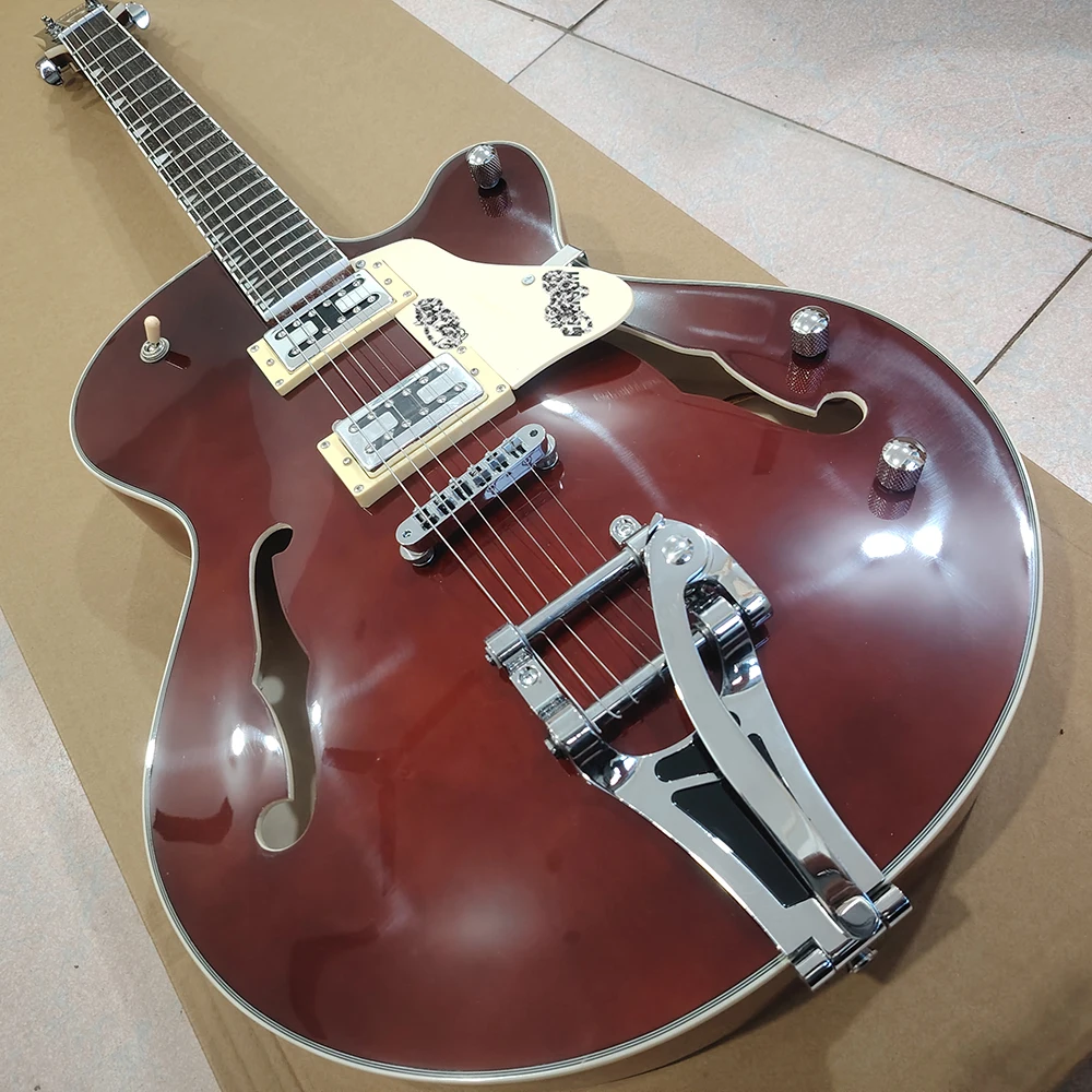 High quality wine red electric guitar, dual f-holes, large vibrato system, in stock for quick delivery