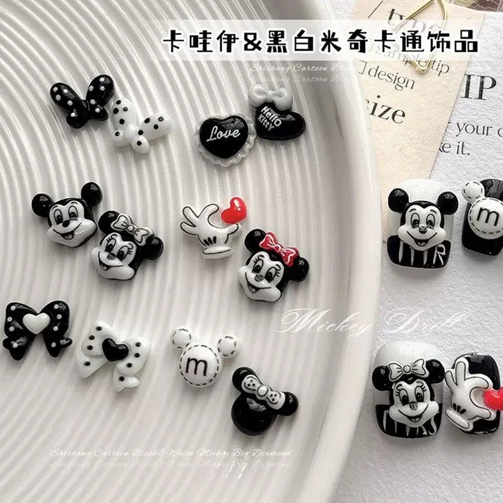 50 قطعة راتينج لطيف ميكي ماوس مسمار الفن السحر أسود أبيض الفئران Bowknot الراين الكرتون الحيوانات سلسلة مجوهرات أظافر مسطحة