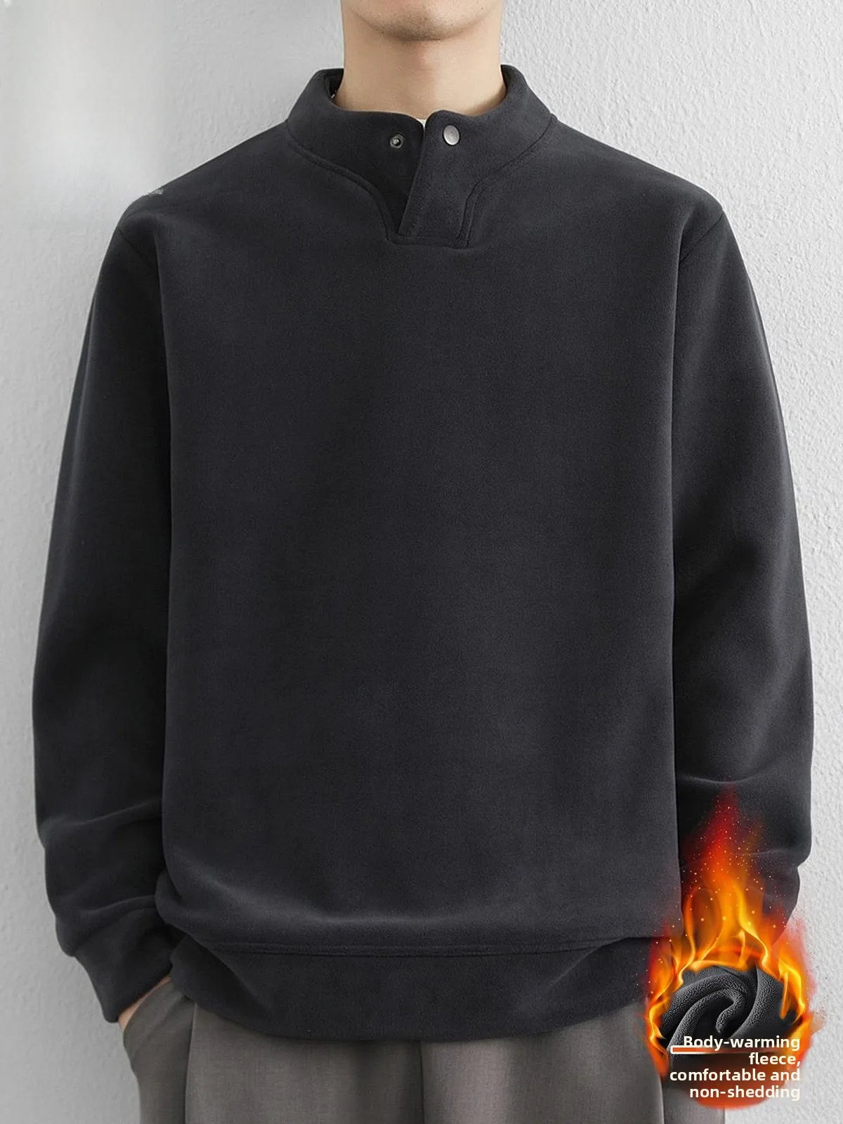 

Men's Fce Lined Hoodie Stand Collar Casual Inner Wear Base irt Winter Warm Loose Fit Long Sve Polyester Blend