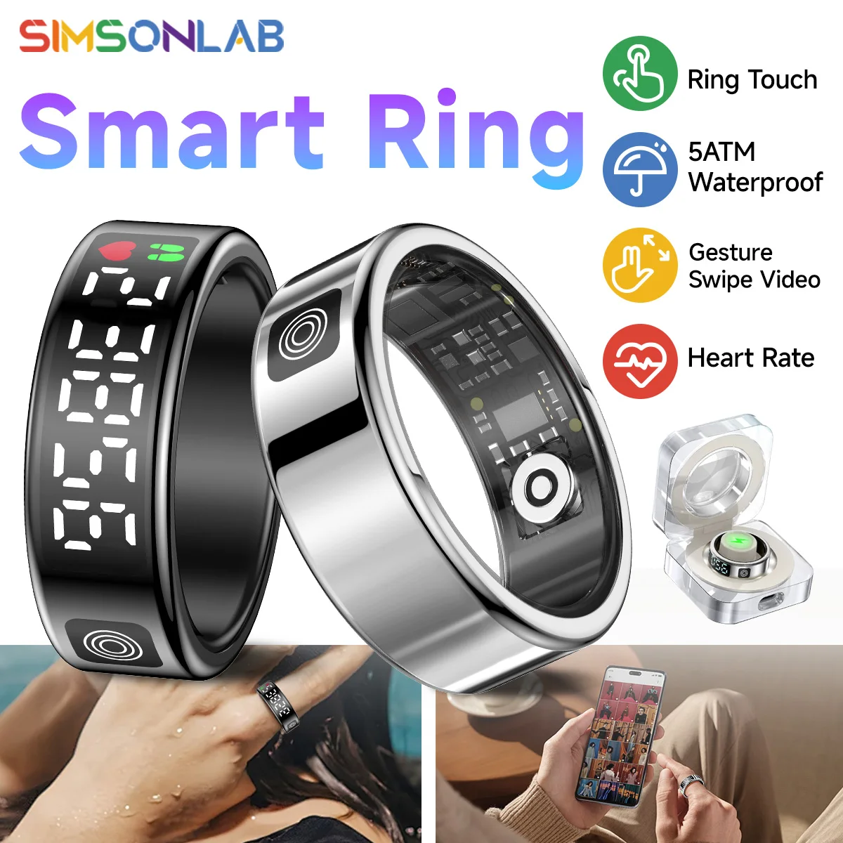 

New Smart Ring 2025 Display Screen Gestures Control Video 5ATM Waterproof Remote Camera Blood Oxygen Monitor Multi Sports Mode
