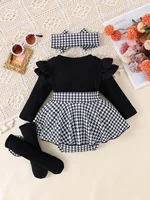 2PCS In Autumn, Baby Girls Aged 0-1 Years Old Have Comfortable Sweet And Cute Black Top + Houndstooth Skirt + Hair Band 2