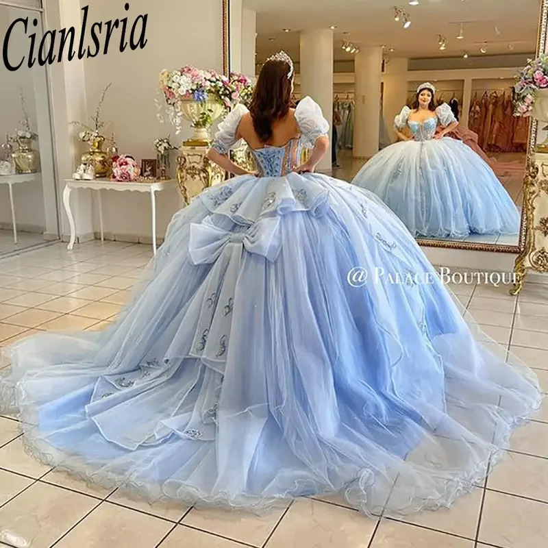 Luz azul ilusão apliques laço arco quinceanera vestidos de baile sinetheart meia noite espartilho vestidos de xv anos