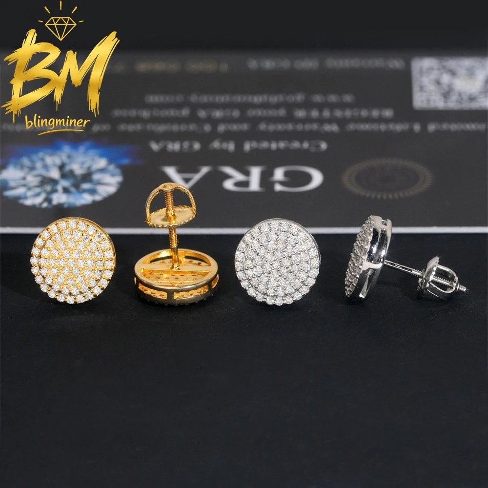 

Blingminer 10mm Round VVS Moissanite Earrings For Men Women S925 Silver Ear Studs Jewelry Pass Diamonds Tester GRA Free Shipping