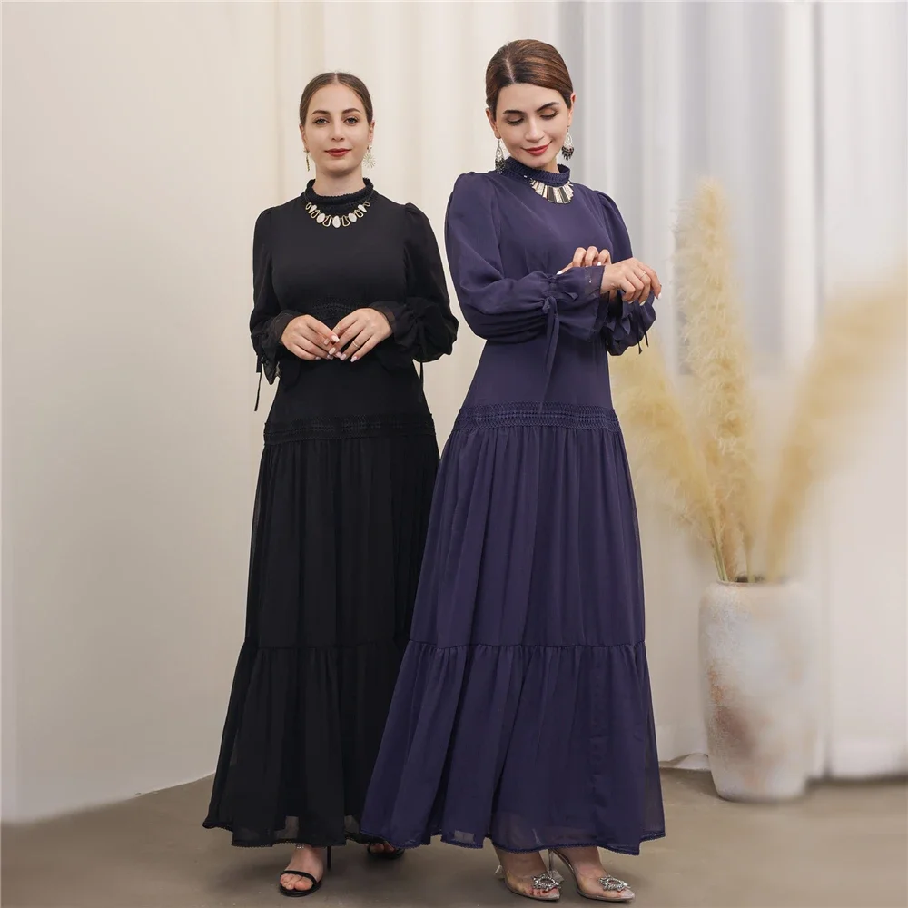 Ramadan Muslim Women Lace Maxi Dress Pleated Abaya Dubai Turkey Kaftan Islamic Clothing Arabic Robe Party Gown Modest Caftan Eid