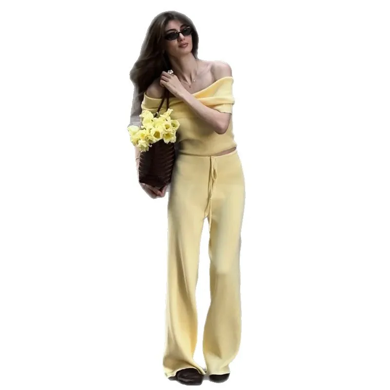 Roupas femininas 2025 verão novo estilo de um ombro amarelo topo cintura alta calças de renda terno roupas de clube Vestidos