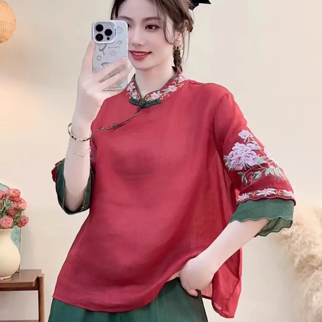 

Women's Summer Chinese Style Stand Collar Cotton Linen Shirt, Retro Ethnic Embroidered Color Block Tea Blouse