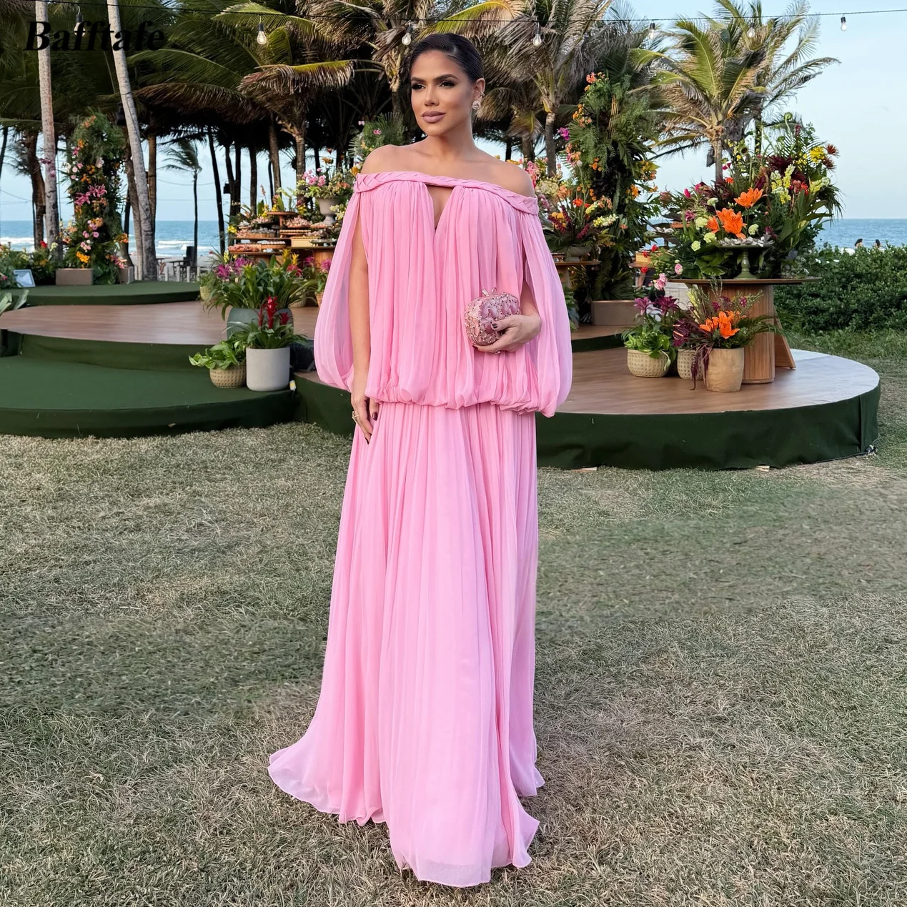 

Bafftafe Pink Chiffon Customized Prom Dresses Off The Shoulder Women's Formal Evening Dress Wedding Party Bridesmaid Gowns 2026
