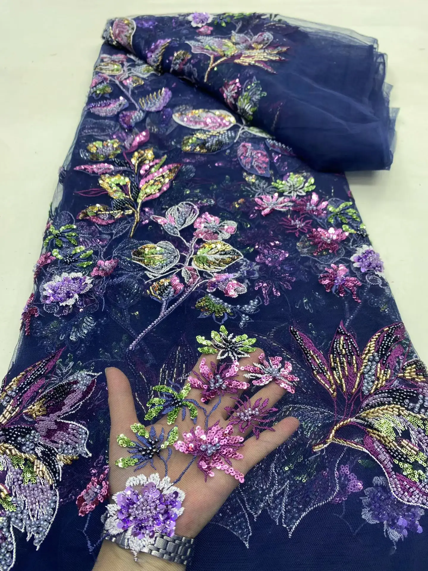 

African Nigerian Sequins Embroidery Tulle Lace Fabric, Sewing , Beads Stone Prom Dresses, High Quality, 5Yards, 2026 DP0492