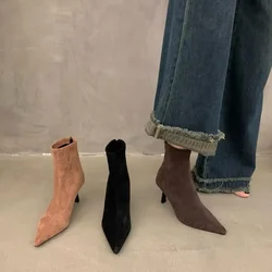 2024 Women's Ankle Boots Pointed Toe New Autumn Women's Thin High Heels Women's Suede Solid Short Botines Chelsea Botte Femme