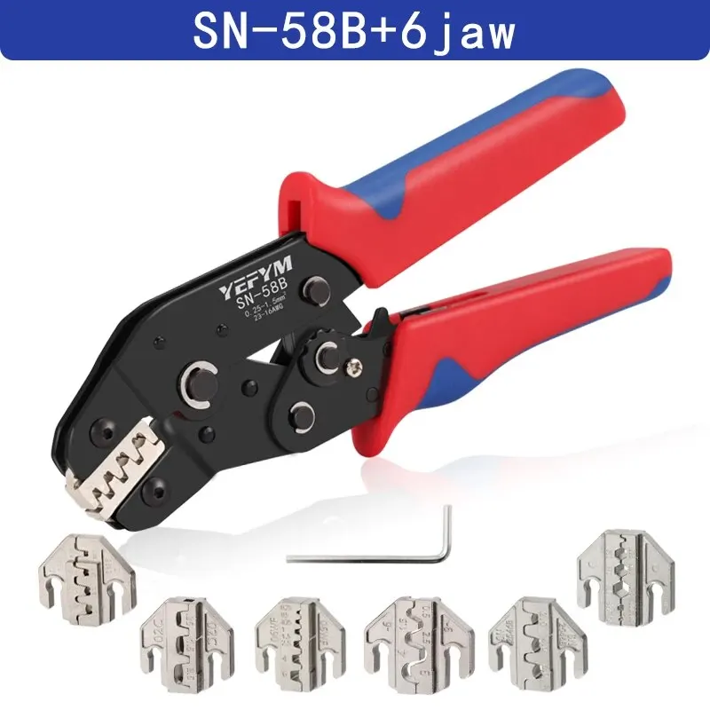 Krimptangset voor Dupont JST MOLEX-terminals, geen/voorgeïsoleerde adereindhulzen, buttconnectoren, zonne- en coaxconnectoren, SN-58B 6-kaak