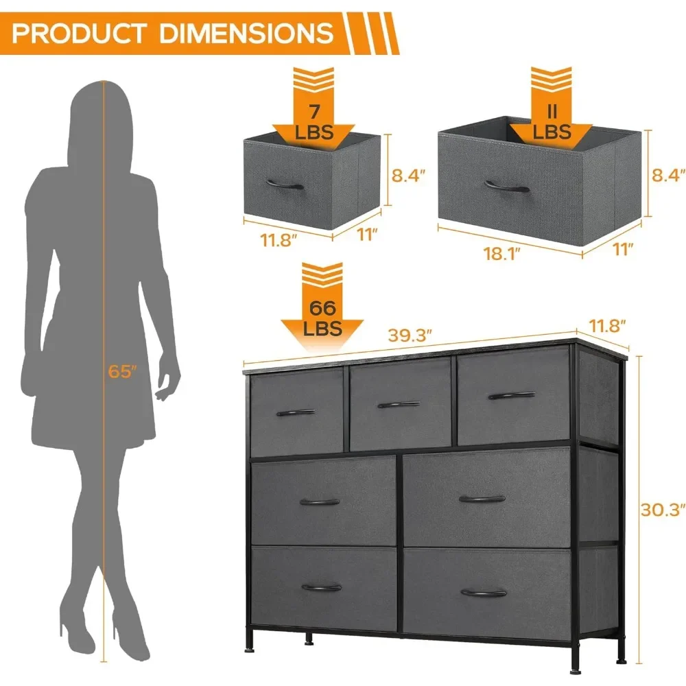 Dressoir Voor Slaapkamer, 7 Opbergladen, Brede Stoffen Kastkasten Organizer Torenmeubilair, Tv-Standaard Voor Tv Tot 45 Inch