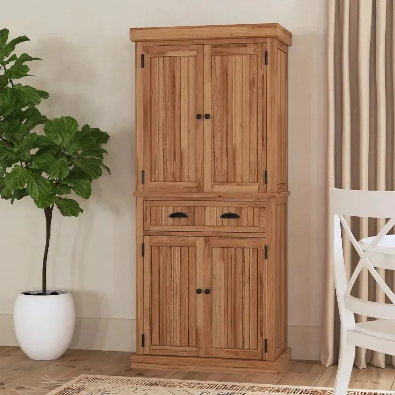 

Nantucket Storage Cabinet Kitchen Pantry with Drawers and Adjustable Shelves, 71.5 Inch Height, Brown Maple Finish