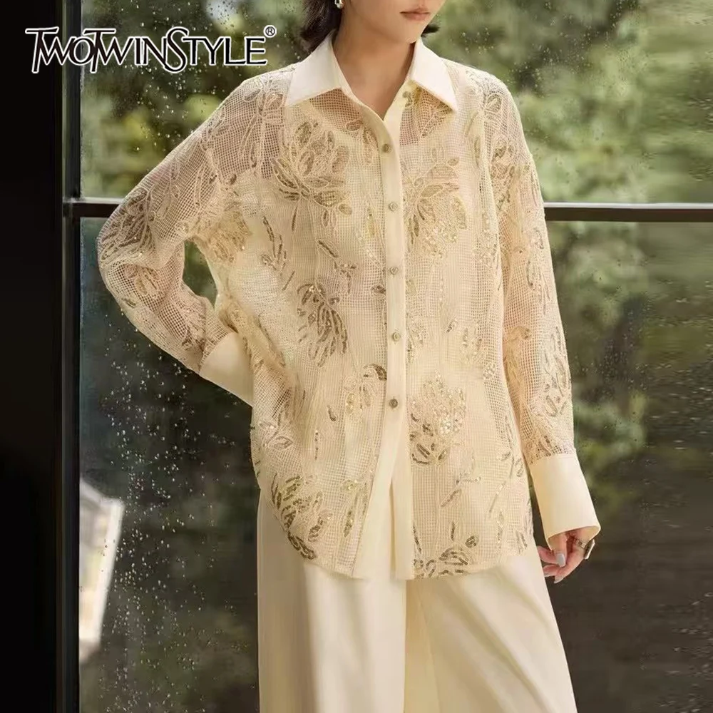 

TWOTWINSTYLE Solid Spliced Hollow Out Elegant Shirt Female Lapel Long Sleeve Loose French Gentle Women's Shirts Fashion Autumn