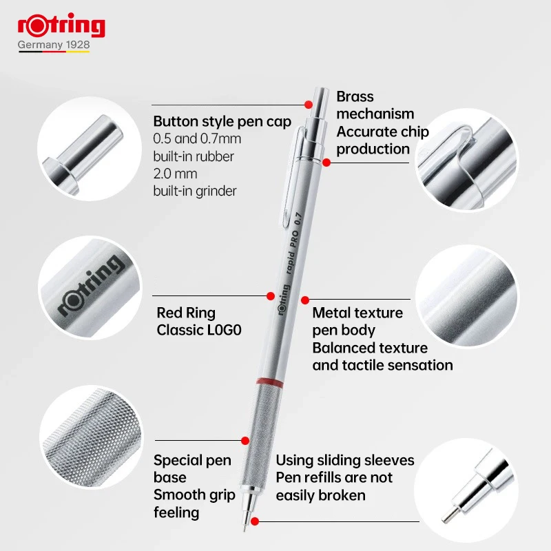 Rotring Rapid Pro Druck bleistift 0.5/0.7/2,0mm Metall Druck bleistifte schwarz/silberner automatischer Bleistift zum Skizzieren von Zeichnungen