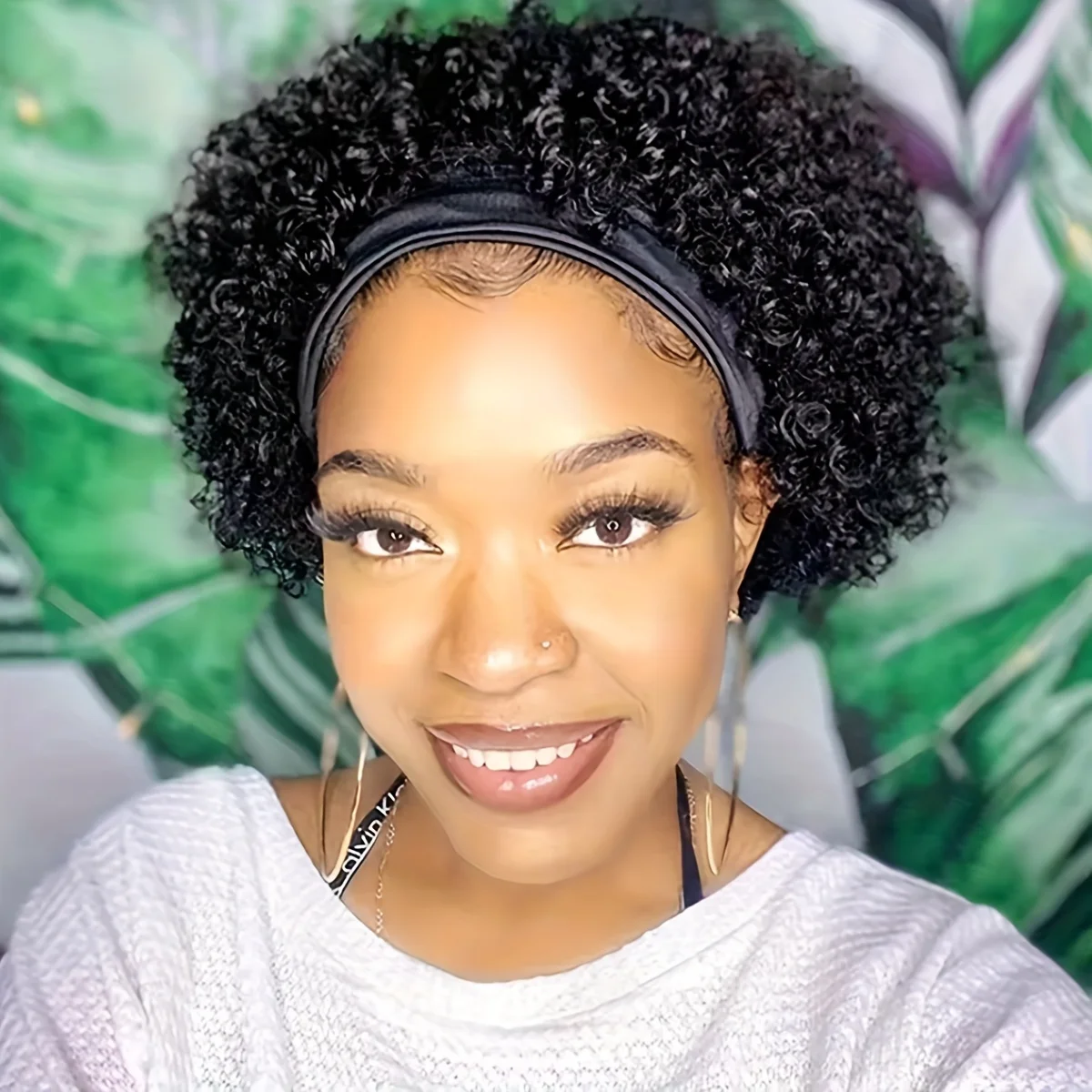 カーリーウェーブヘッドバンド人毛ウィッグ女性用ピクシーカットウィッグショートカーリーヘッドバンドウィッグ150%密度ナチュラルブラックマシンメイド