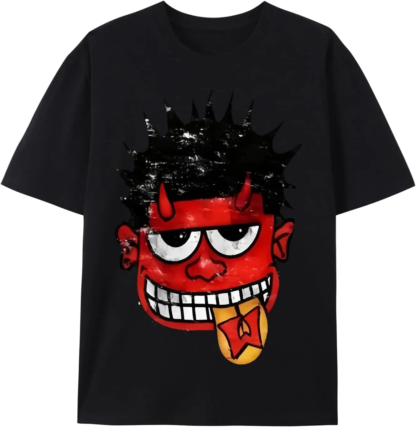 Black T-Shirt with Playful Red Cartoon Face Graphic – Spiky Hair, Horns, and Star-Tipped Tongue