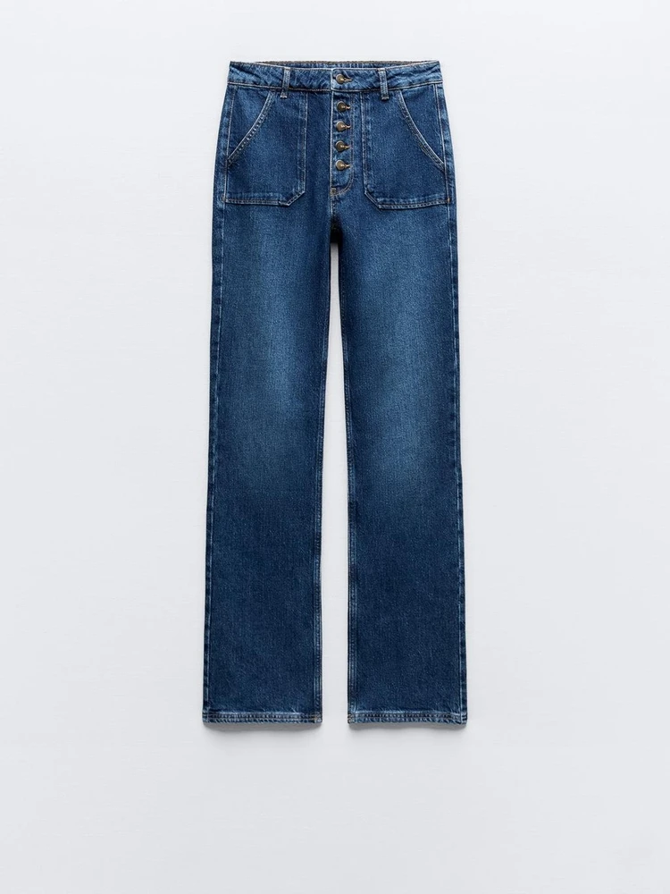 

Новое весеннее поступление, женские прямые джинсы-клеш с высокой талией, длинные брюки, украшенные пуговицами, расклешенные джинсовые брюки с высокой талией