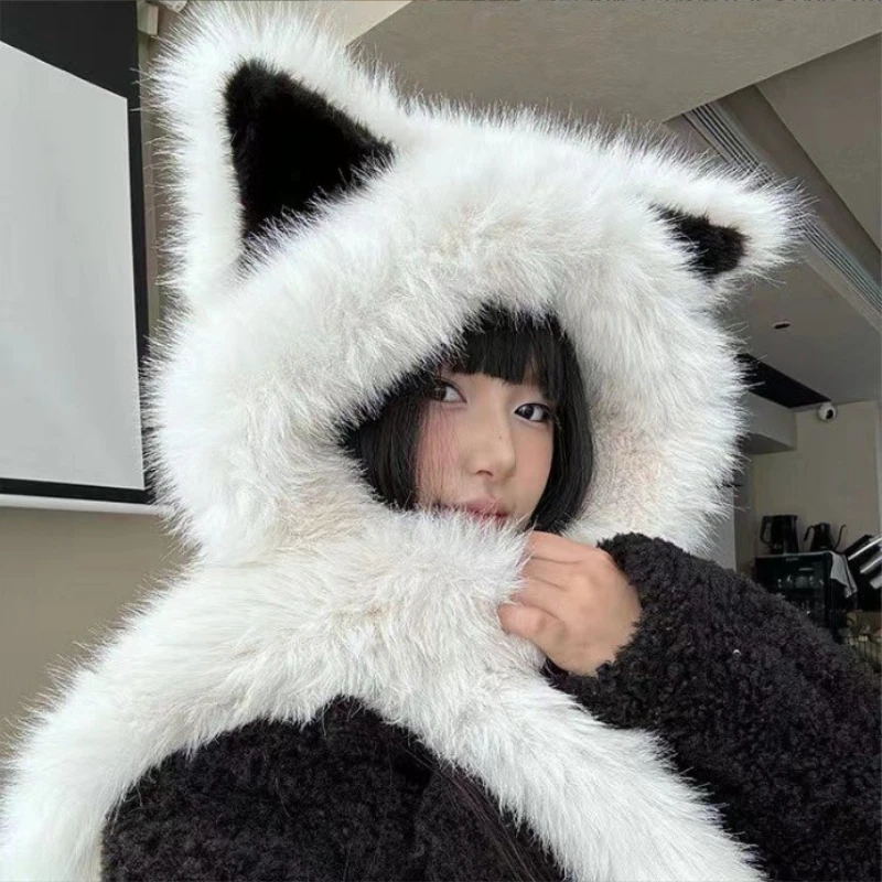 

2025 New Winter Plush Fox Ear Hat with Scarf Integrated for Women Thermal Thickened Cold Proof Face Slimming Outdoor Skiing