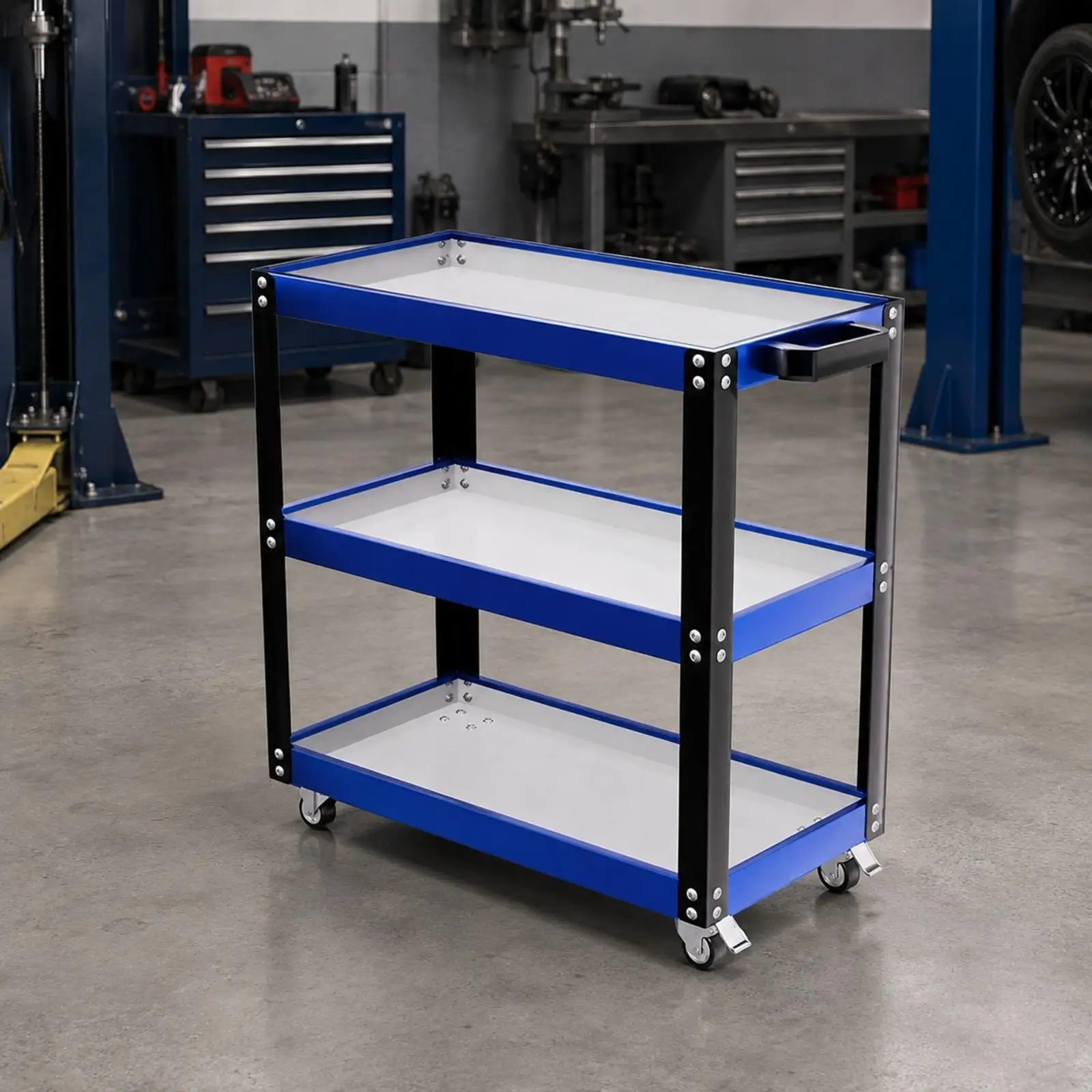 Three-Tier Utility Cart with Wheels Mobile Tiered Rolling Cart with Locking Wheels Lockable Compact for Repairs, Crafting