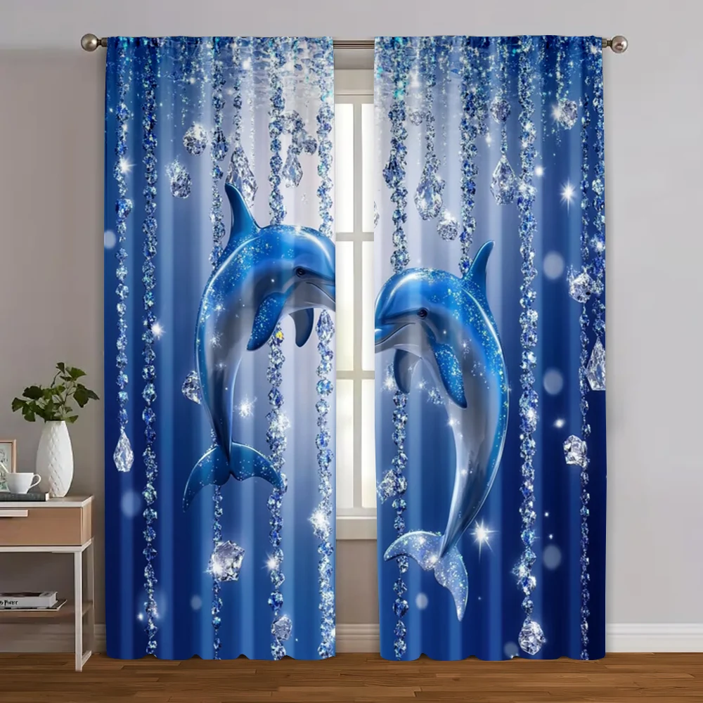 

2pcs, Curtains Digital Printed 2D print Blue Dolphin Print Machine Washable Polyester (without rod) Art Deco Festive Use for