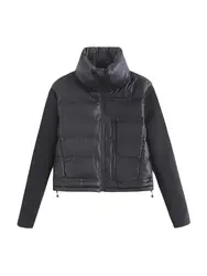 Women Fashion Patchwork Cropped Thick Warm Padded Jacket Coat Vintage Long Sleeve Front Zipper Female Outerwear Chic Tops