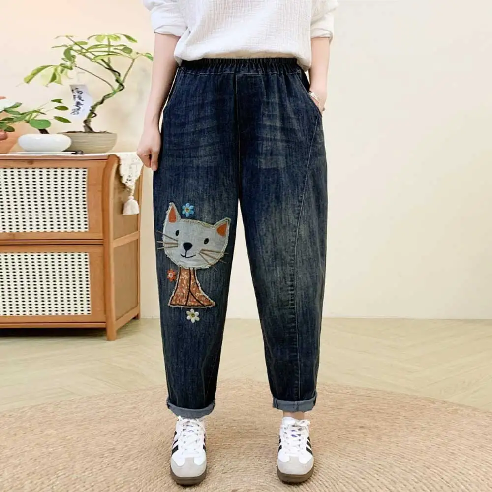 

Японские милые джинсовые шаровары с рисунком кота и цветочной вышивкой для девочек, женские летние повседневные свободные джинсы с эластичной резинкой на талии
