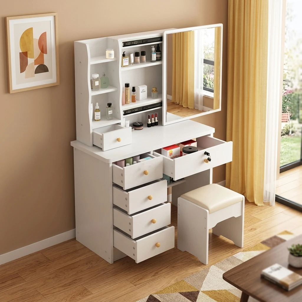^Cross-Border Hot-Selling Modern Bedroom Dresser Lock Small Makeup Table Locker One Simple Lighted Push-Pull Mirror Wholesale