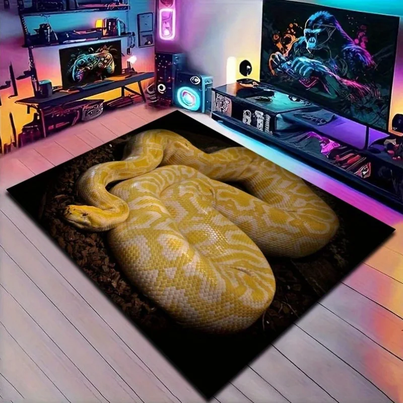 Golden Python Pattern Non-Slip Round Area Rug Realistic Snake Print Decorative Floor Mat for Living Room Bedroom Office